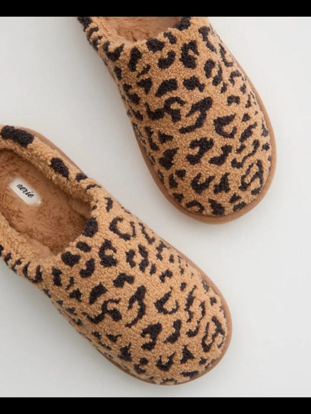 aerie Leopard Print Sherpa Slip-On Slippers in Tan and Black